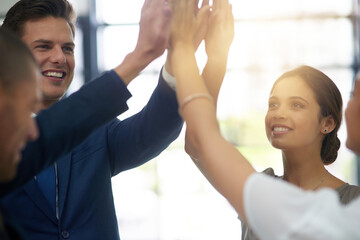 Aufkleber - Hands, teamwork or happy business people high five for mission, collaboration or group support. Goals, victory or excited employees in meeting for sales deal, achievement target or success in office