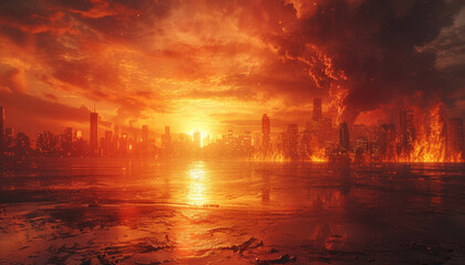 Wall Mural - a city is on fire and the sun is setting by ai generated image