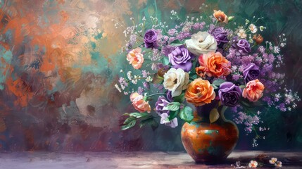 Wall Mural - Happy Mother's day background, Mothers day flowers in vase done, Elegant floral colors of purple pink white and peach in dark green and rusted orange vase