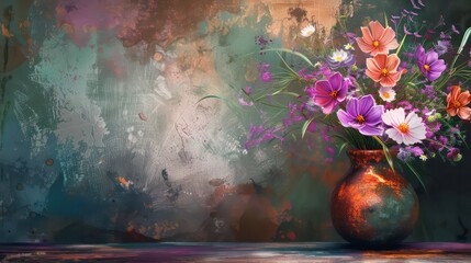 Wall Mural - Happy Mother's day background, Mothers day flowers in vase done, Elegant floral colors of purple pink white and peach in dark green and rusted orange vase