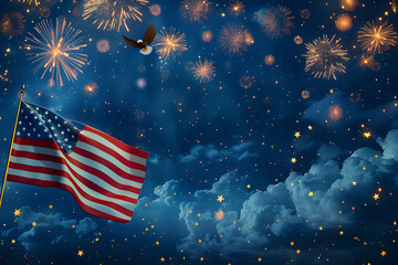 Flying eagle with American flag and fireworks on background, 4 July Independence Day celebration.