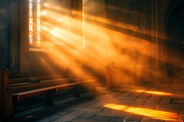 Wall Mural - The sun is shining through the stained glass windows of a church