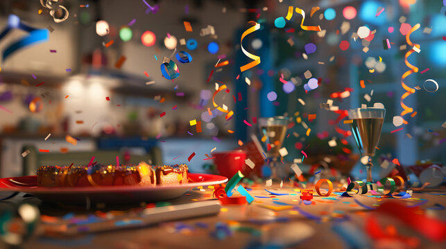 Close-up, carnival scene on a kitchen table in the evening, streamers and confetti flying in the air, photorealistic, dutch angle