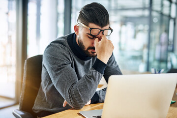 Aufkleber - Businessman, eye strain and headache with laptop in office with burnout, stress and overworked by desk. Professional, employee and discomfort from glasses with work deadline, migraine and frustrated