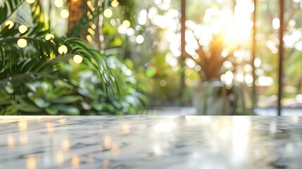 an empty marble table for product placement with blurry plants and blurry lights in the background