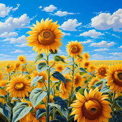 Wall Mural - A field of sunflowers under a bright blue sky.