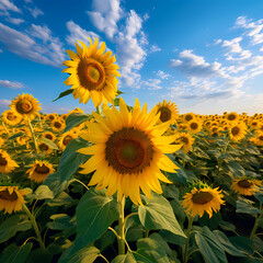 Canvas Print - A field of sunflowers under a bright blue sky.