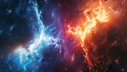 Wall Mural - a colorful space scene with two glowing red and blue clouds by ai generated image
