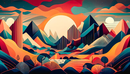 Wall Mural - Paysage de montagne stylisé au coucher du soleil