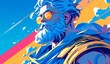 A colorful statue of the Greek god Zeus wearing sunglasses against a blue background, with pink and yellow stripes. The statue is in the style of pop art