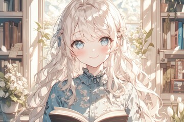 A girl with long white hair, wearing an animestyle blue and beige dress reading in the living room of her house, exuding cuteness. Her hair is tied back by ribbons adorned with flowers on both sides. 