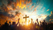 © Marlin crowell - Group of crowd of Christians raise their hands in the air worshiping the cross. Religious concept of faith and prayer with bright sun set