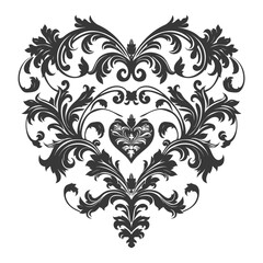 Silhouette Hearth shape Baroque ornament with filigree floral element black color only