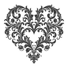 Silhouette Hearth shape Baroque ornament with filigree floral element black color only