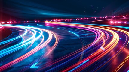 Wall Mural - Colorful light trails on a winding road at night