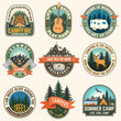 Set of Summer camp patches. Vector. Concept for shirt or logo, print, stamp, patch or tee. Stickers with guitar, rv trailer, camping tent, forest, mountain.