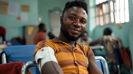 Wall Mural - A man proudly displays a bandage on his arm after donating blood celebrating World Blood Donor Day and World Hemophilia Day