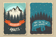 Set of camping retro posters. Vector illustration. Flyer, brochure, banner template design with travel inspirational quotes, landscape, bear, campfire, forest and mountain silhouette.