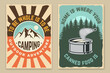Set of camping retro posters. Vector illustration. Flyer, brochure, banner template design with travel inspirational quotes, landscape, open can with fish, forest and mountain silhouette.