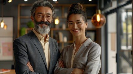 Happy confident professional mature Latin business man and Asian business woman corporate leaders managers standing in office, two diverse colleagues. - generative AI, fiction Person hyper realistic 