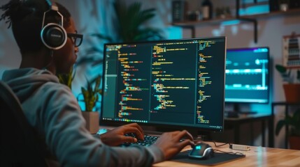 A programmer coding on a computer with lines of code displayed on the screen