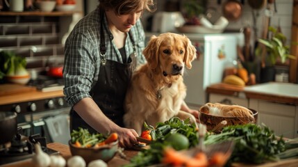 A dog owner preparing a BARF meal, chopping raw ingredients in a well-organized kitchen, with a pet dog watching eagerly