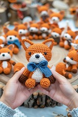 Wall Mural - amigurumi crochet baby fox, hobby knitting concept, handmade toy wallpaper, creative workshop banner, diy present