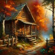 Rustic, wooden cabin, enveloped by autumn foliage, oil painting