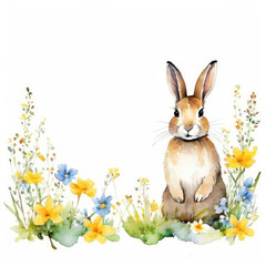 Wall Mural - Watercolor illustration of a cute rabbit with floral elements.