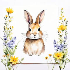 Wall Mural - Watercolor illustration of a cute rabbit with floral elements.