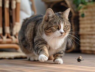 Wall Mural - A cat is chasing a bug on the floor. The cat is big and brown, and the bug is small and black. The scene is playful and lighthearted, as the cat is having fun chasing the bug