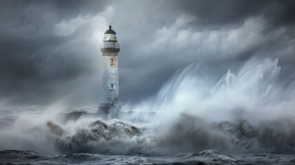 Poster - A lighthouse is shown in the midst of a stormy sea