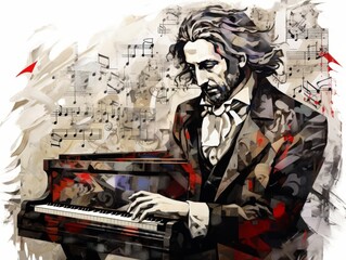 Abstract modern art collage portrait of a famous classical composer at his piano, surrounded by swirling musical notes in minimalist style