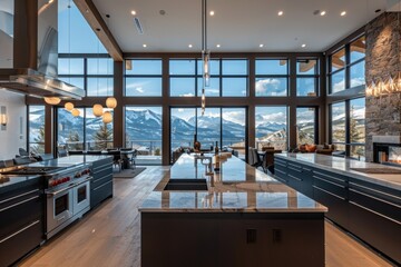 Poster - a large kitchen with large windows