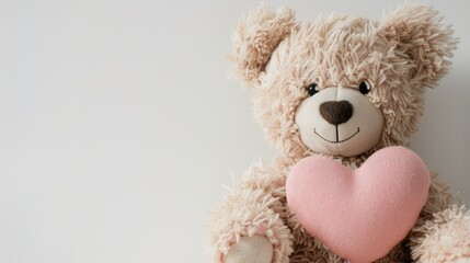 Wall Mural - A beige teddy bear clasps a pink heart against a backdrop of white with ample space for text or design