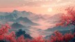 Mountain and flower abstract art background modern with cherry blossoms, branches, and mountains behind in the foreground.