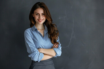 Portrait of a smiling businesswoman in a blue shirt and grey skirt standing with arms crossed isolated on a gray background, copy space concept for your design—a smiling female employee or manager. 