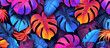 Abstract neon background with tropical leaves of palm, monstera in violet, orange, purple colors