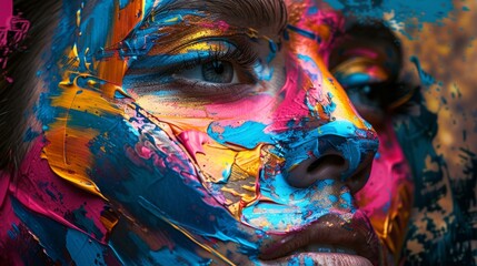 A close-up of a woman's face with bright and colorful oil paint on her skin.