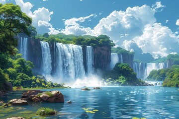 This beautiful vector illustration shows the awe-inspiring Iguazu Falls, complemented by a dynamic cloudy sky and rich green landscapes, highlighting the natural splendor of Argentina.