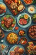 A feast for the senses, this vector captures a culinary adventure with diverse dishes. AI Generated.