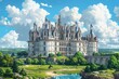 The majestic Château de Chambord stands under fluffy clouds, surrounded by verdant fields in this AI Generated artwork.
