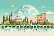 A fantastical vector illustration featuring Italian landmarks under a moonrise, marrying history with dreamlike charm, AI Generated