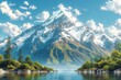 Vector image of New Zealand's iconic snowy peaks and their reflection on a serene lake, in vivid detail. AI Generated