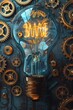 An Edison bulb casts a warm glow amidst a backdrop of cool-toned gears, in 3D illustration. AI Generated