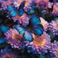 Blue Morpho Butterflies On Purple Mums