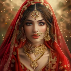 Sticker - Create an image of an Indian bride on her wedding day, adorned in traditional attire. She is wearing a rich red lehenga with intricate gold embroidery. Her jewelry includes a gold nose ring, a maang t