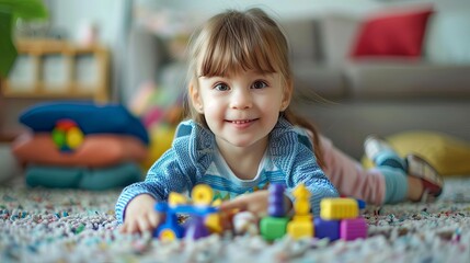 adorable 3yearold girl happily playing with toys on living room carpet joyful childhood lifestyle full body shot digital painting