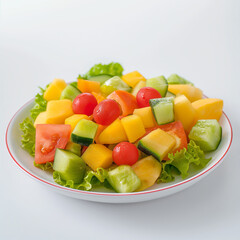 Wall Mural - fresh and healthy fruit salad in white plate with white background.