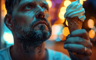 Poster - A man is holding an ice cream cone in his hand. He looks sad and is staring at the ice cream